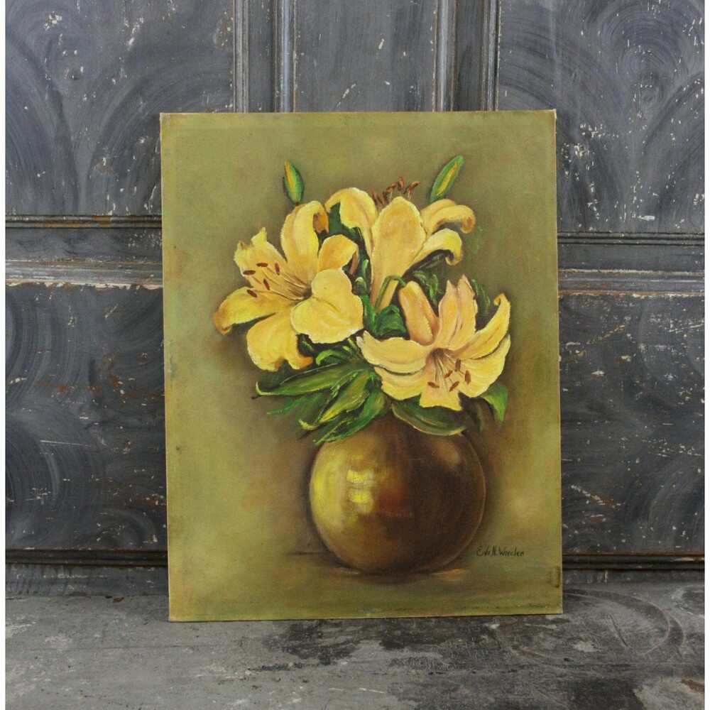Original Oil Painting on Canvas of Yellow Lilies in a Brass Vase, Eve N. Wheeler